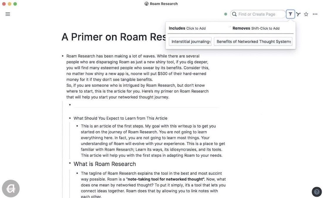 Filtering in Roam Research