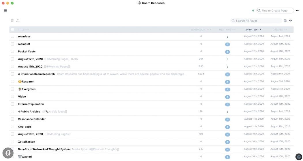 Roam Research - All Pages View