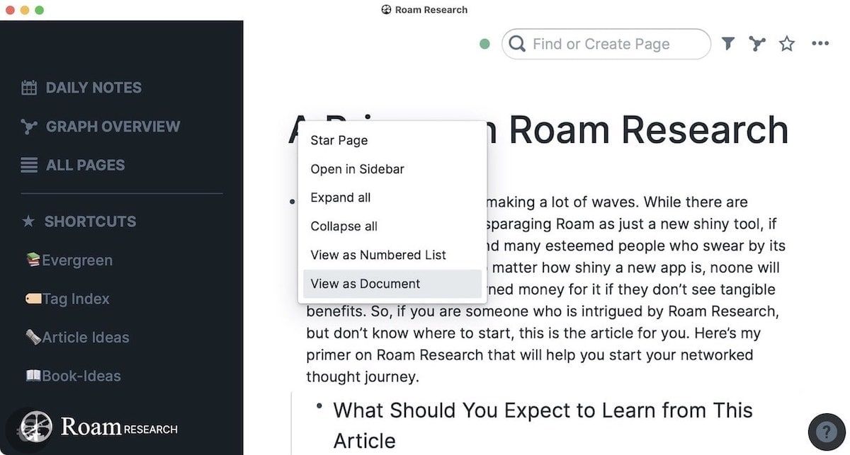 View as Document in Roam Research