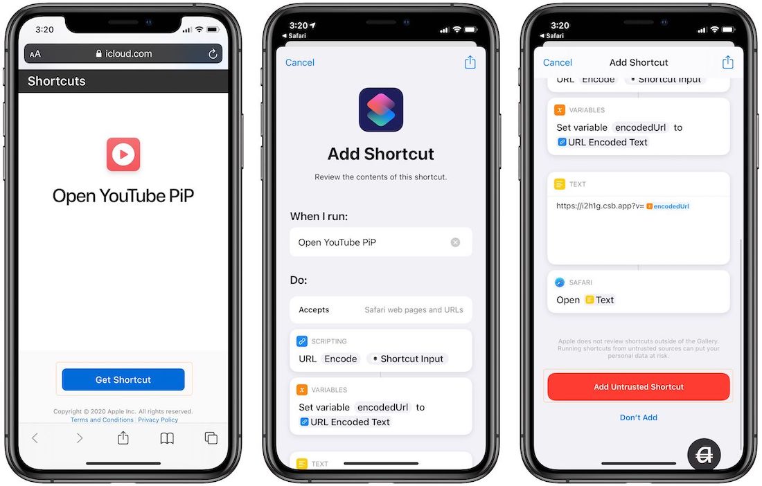 youtube pip shortcut ios 14 download