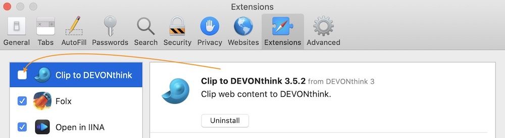 Disabling extensions on Safari