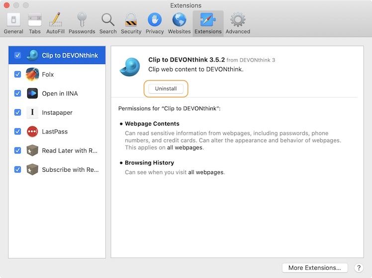 Safari Extensions tab uninstall