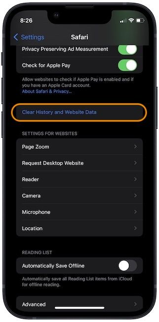 tap on clear history and website data