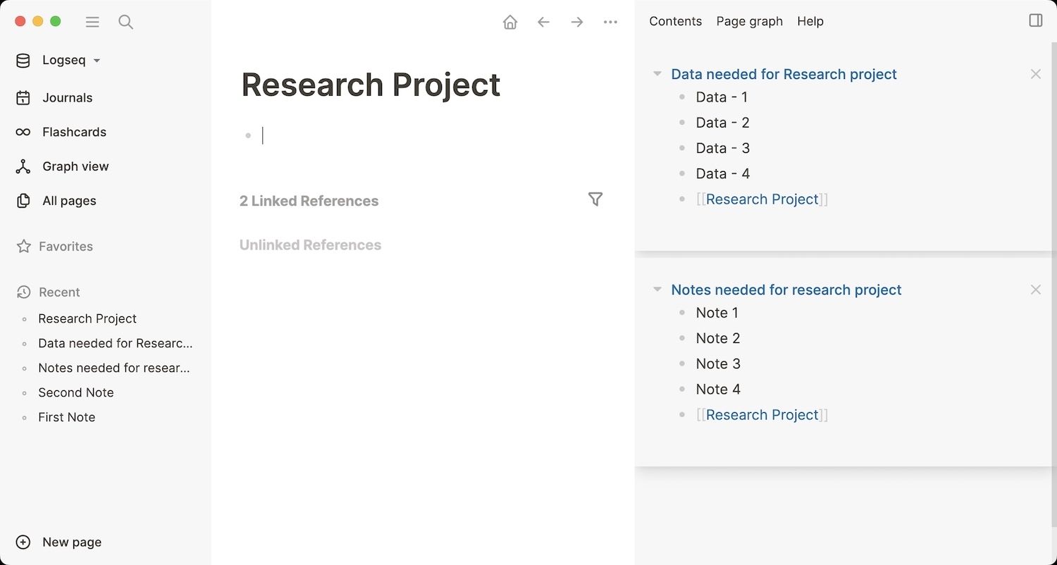 Logseq - right sidebar with research notes