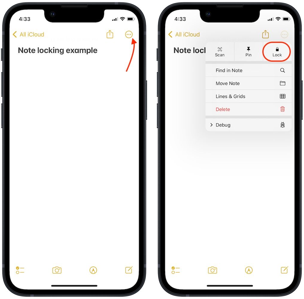 lock notes option