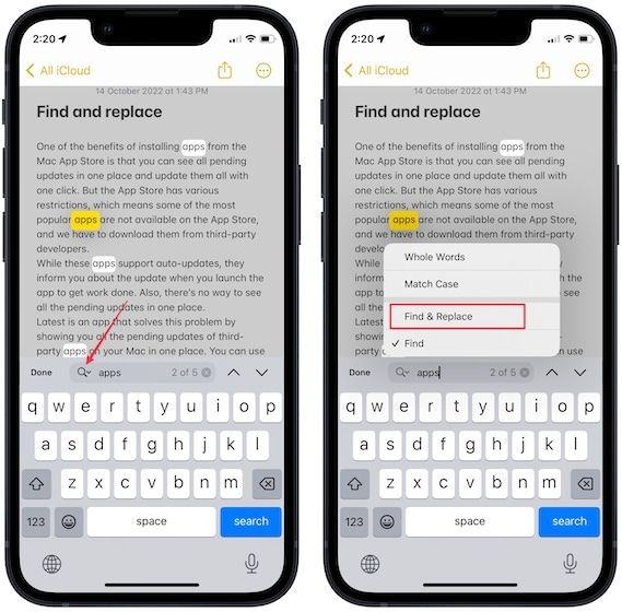 Use find & replace in Apple Notes on iPhone 4