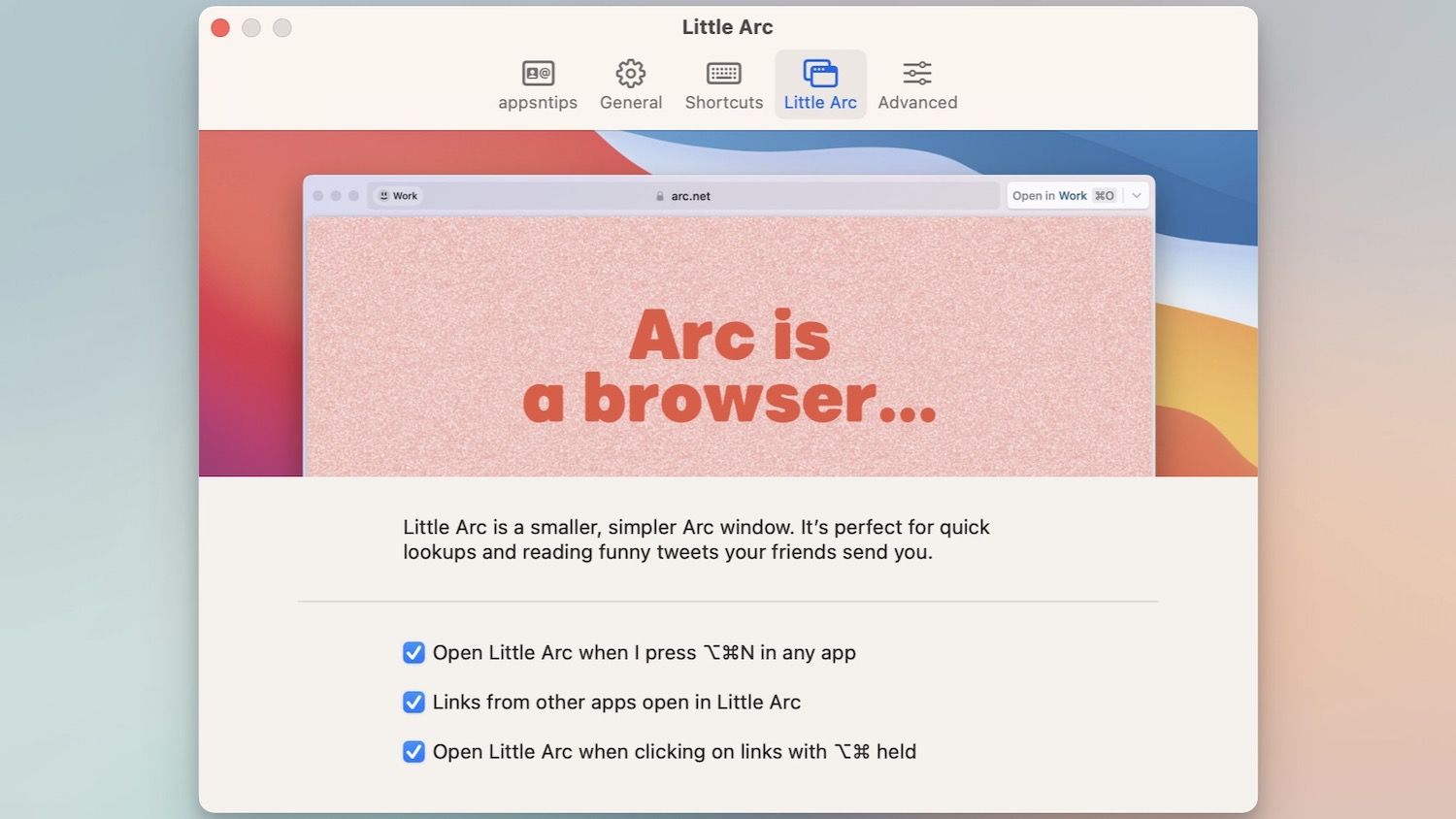 Arc browser windows