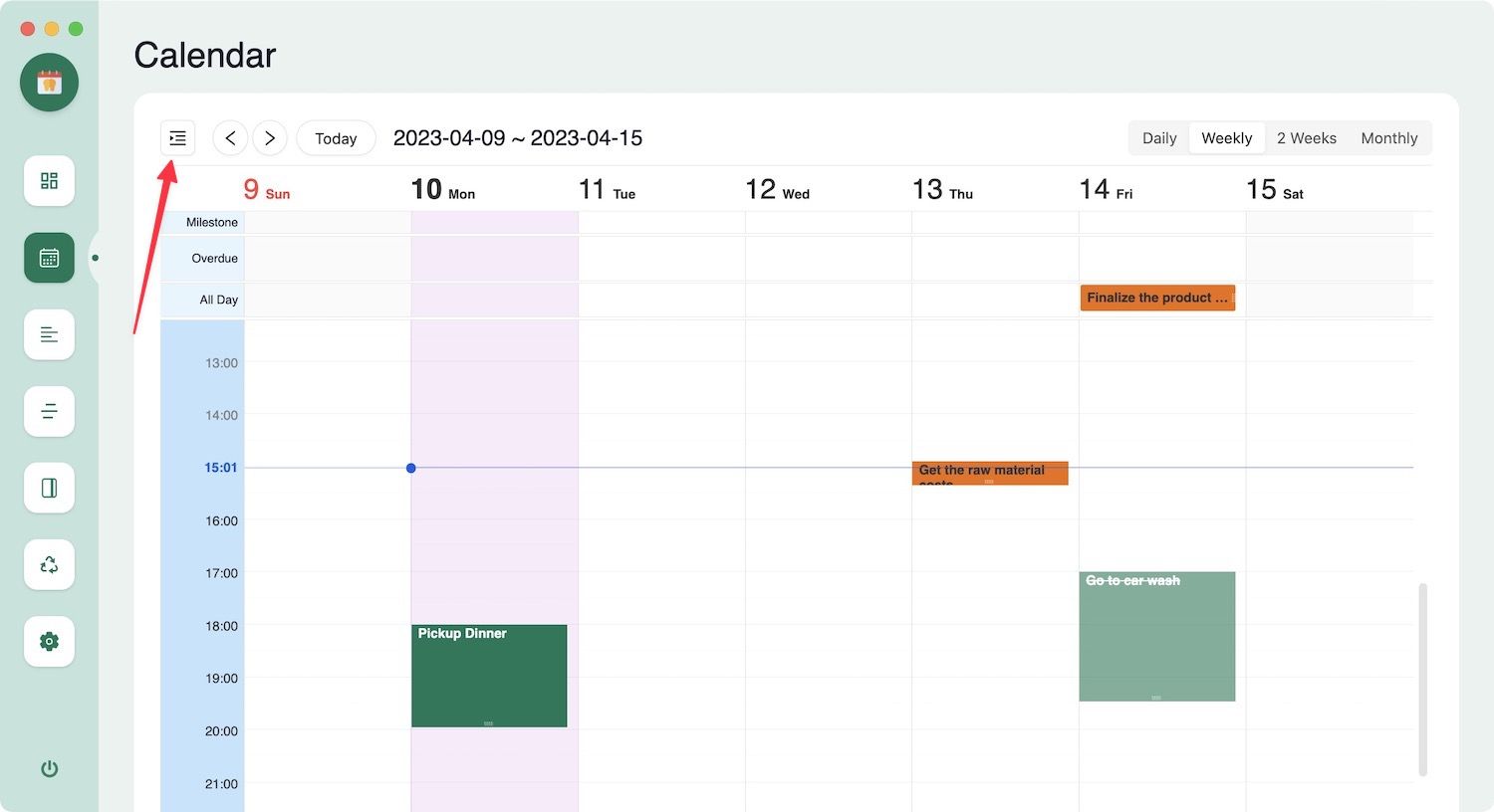 Agenda Dashboard view with new project