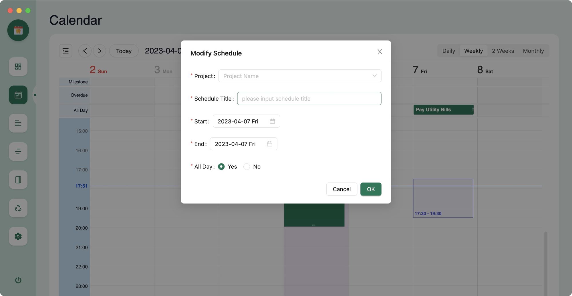 Create a task or event using the Agenda Calendar View 2