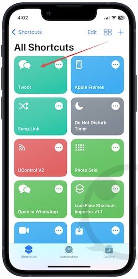 Shortcuts app homepage screenshot showing Twoot shortcut