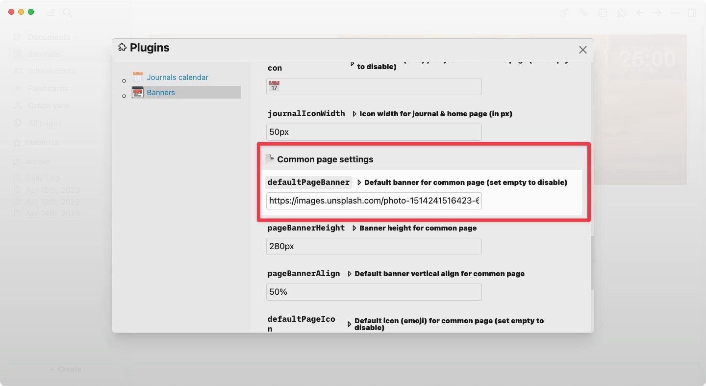 Logseq Banners plugin showing common page settings