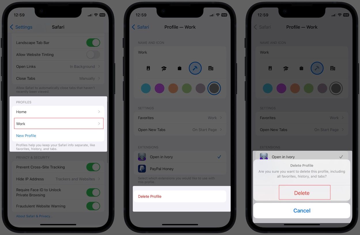 Deleting Safari Profile on iPhone