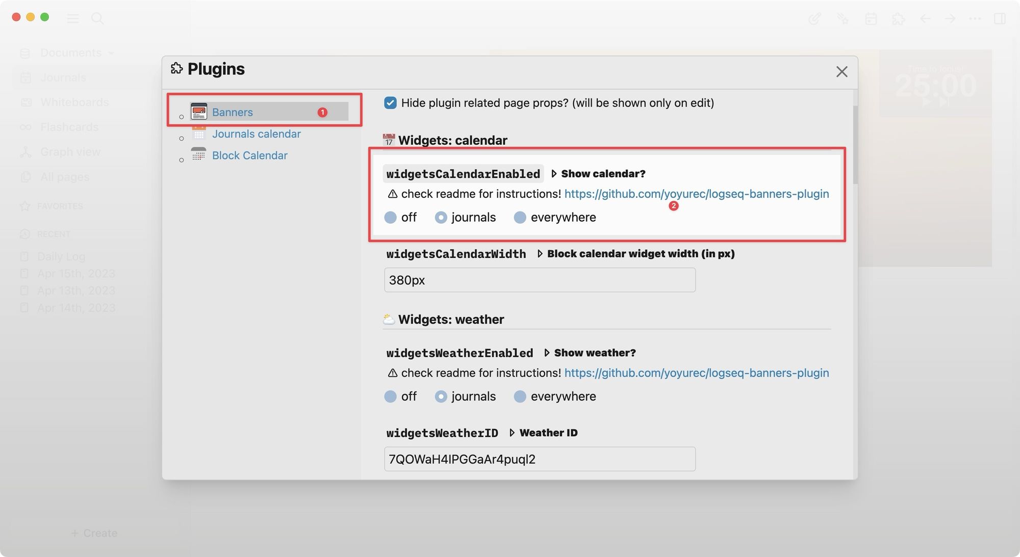 Banners plugin settings showing calendar widget option