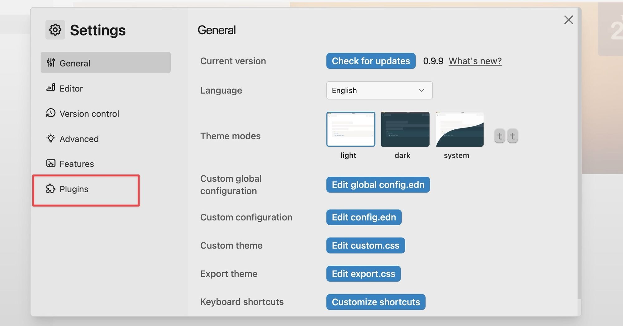 Logseq Settings page screenshot showing Plugins option