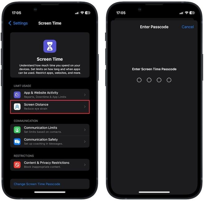 Screen Distance option in Screen Time