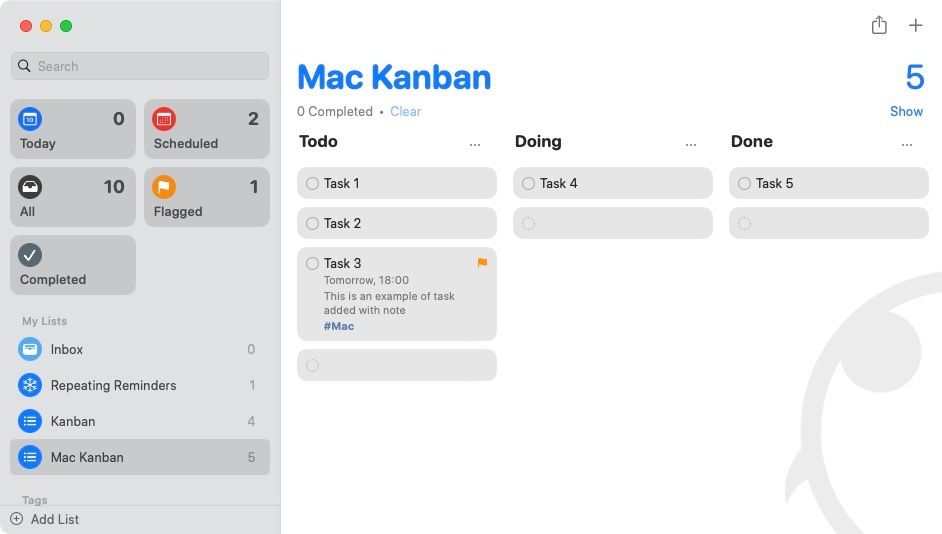 Kanban view of Apple Reminders on Mac