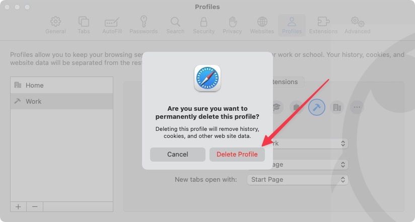 Confirm Safari profile deletion