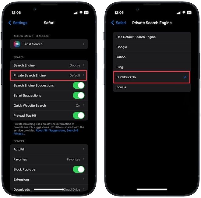 Setting DuckDuckGo as default Private Browsing search engine in Safari on iPhone