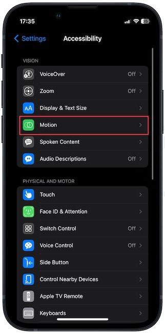 iPhone accessibility Settings page screenshot showing Motion option