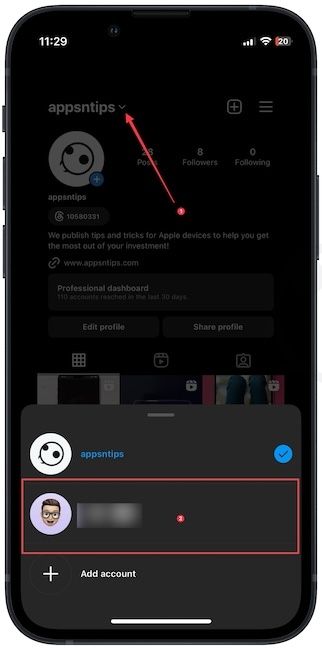 Instagram profile switching screenshot