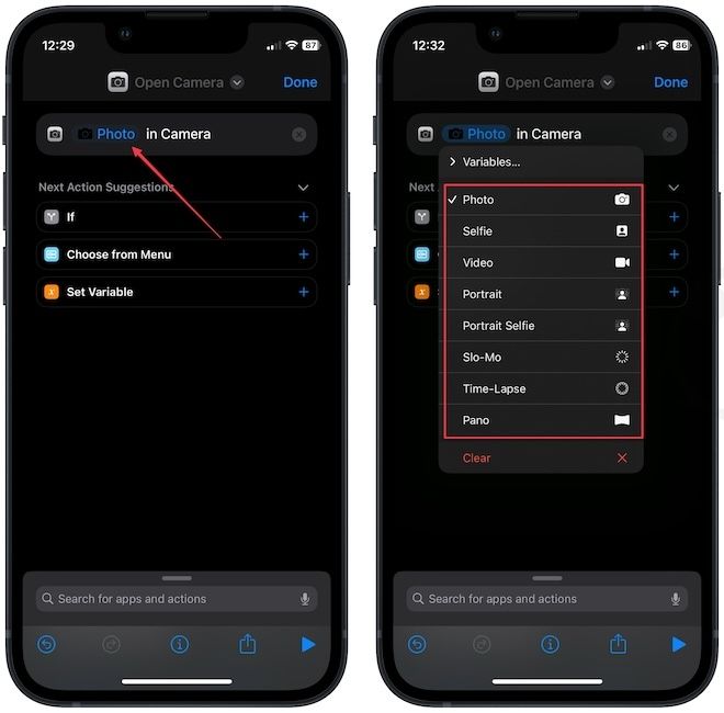 Choosing camera mode