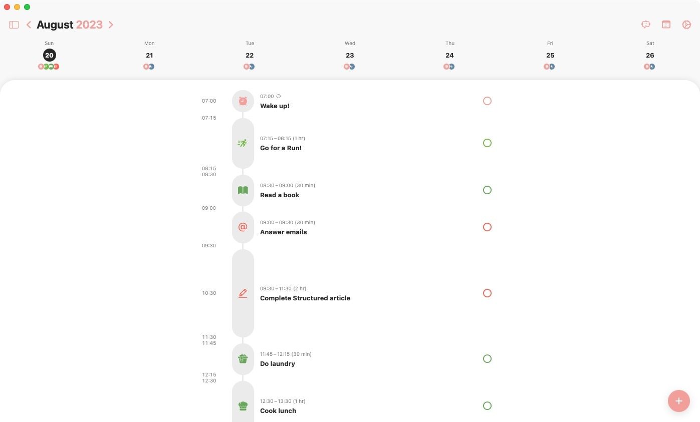 Structured app screenshot showing full planned day