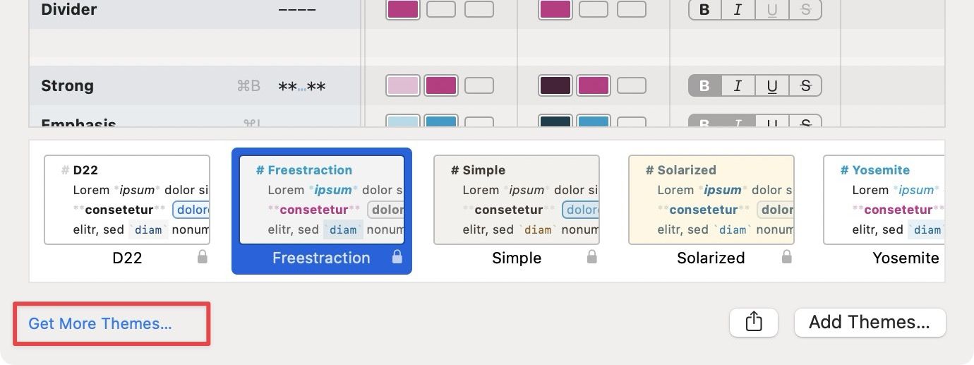 Ulysses Markup settings page showing Get more themes button