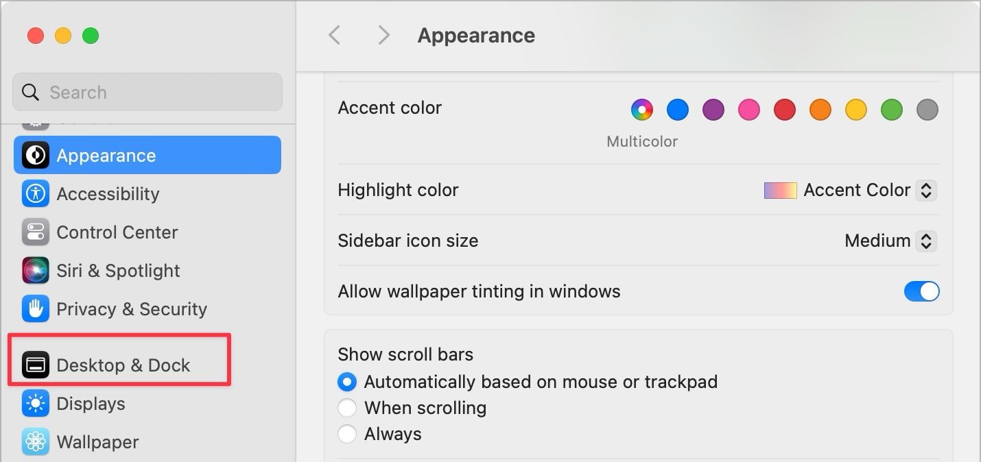 Desktop & Dock settings