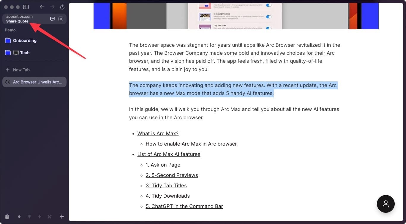 arc browser quote sharing
