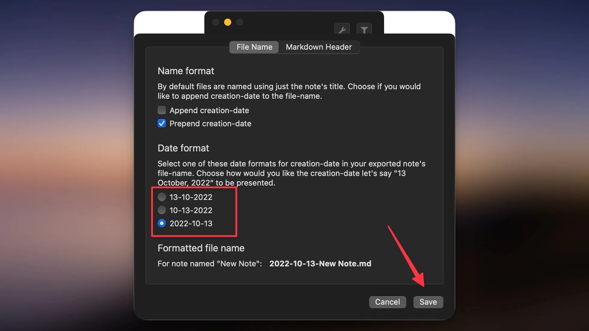 Setting date format in exporter