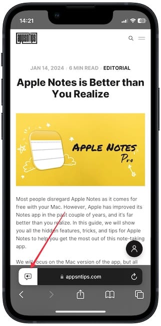 Article reading showing speaker button in Safari