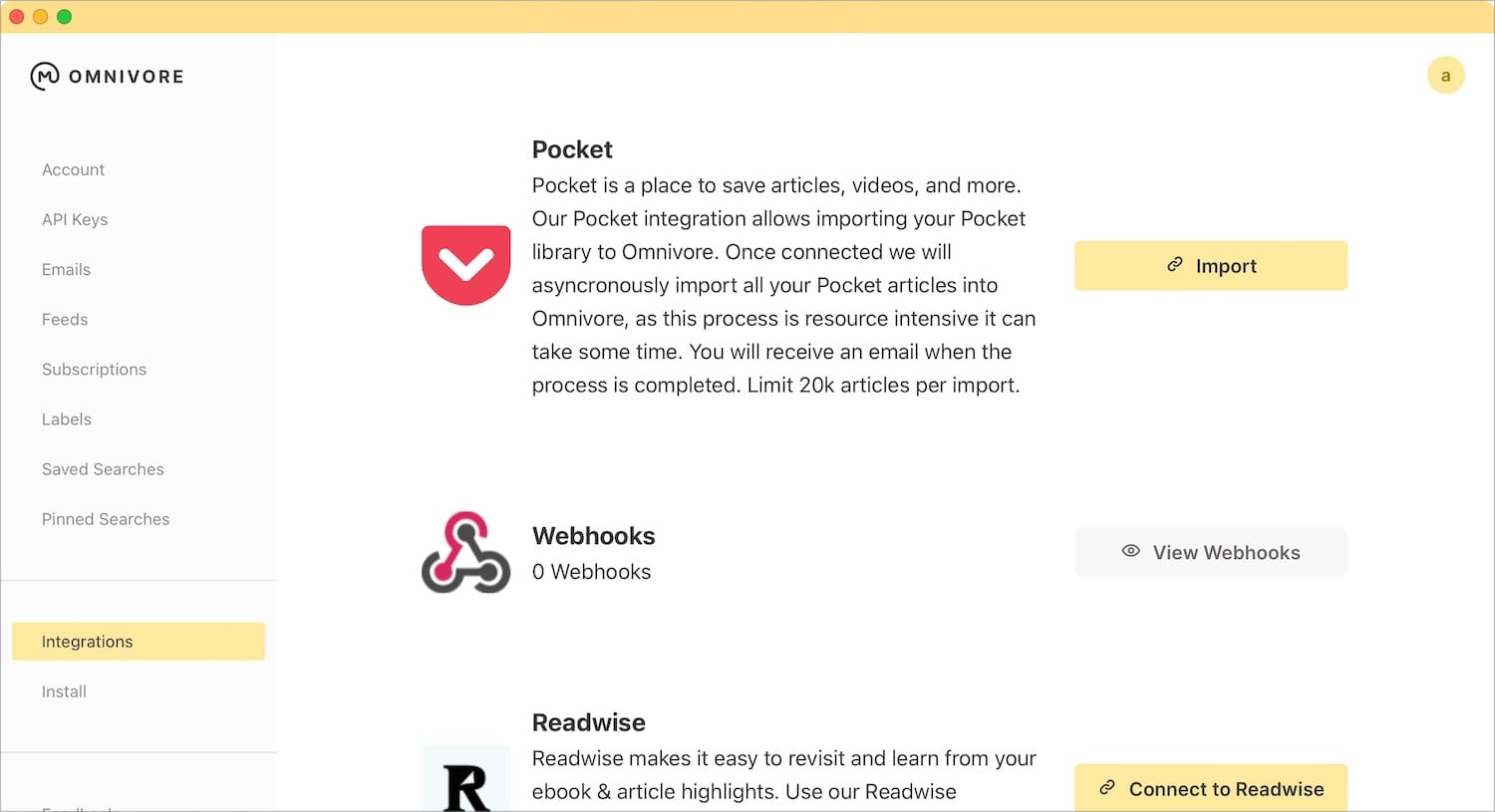 Omnivore Integrations page screenshot 2