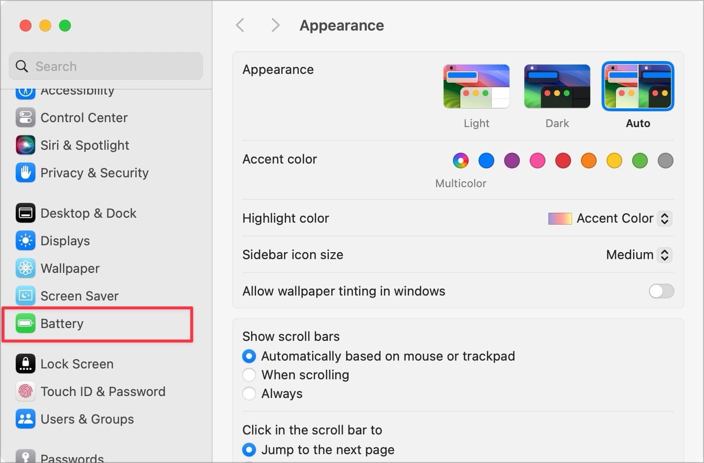 System Settings app screenshot showing Battery menu