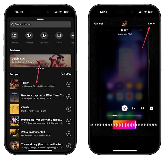 Instagram music add screen