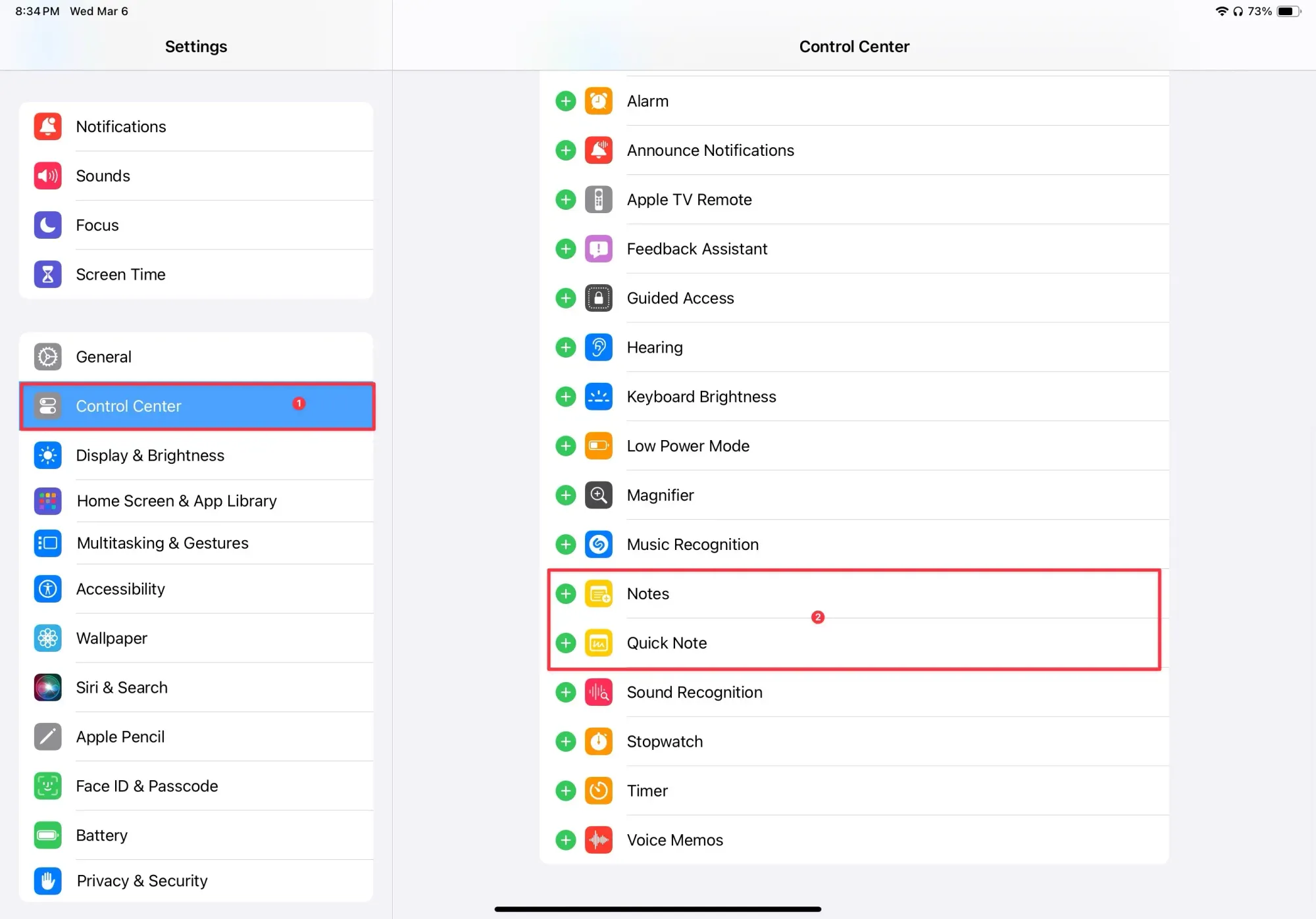 adding quick note to control center on iPad