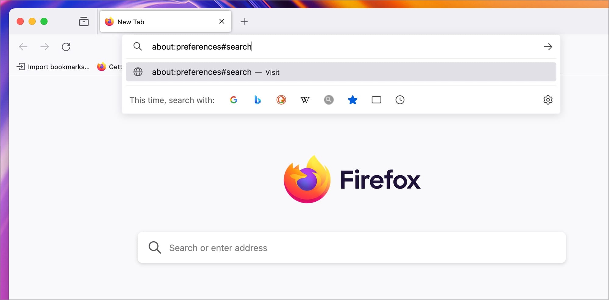 opening Firefox search settings page
