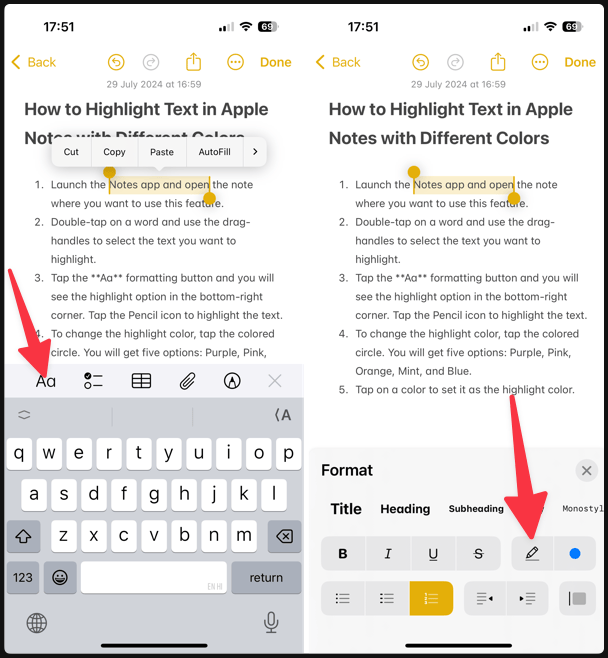 Highlight Text in Apple Notes using Aa button