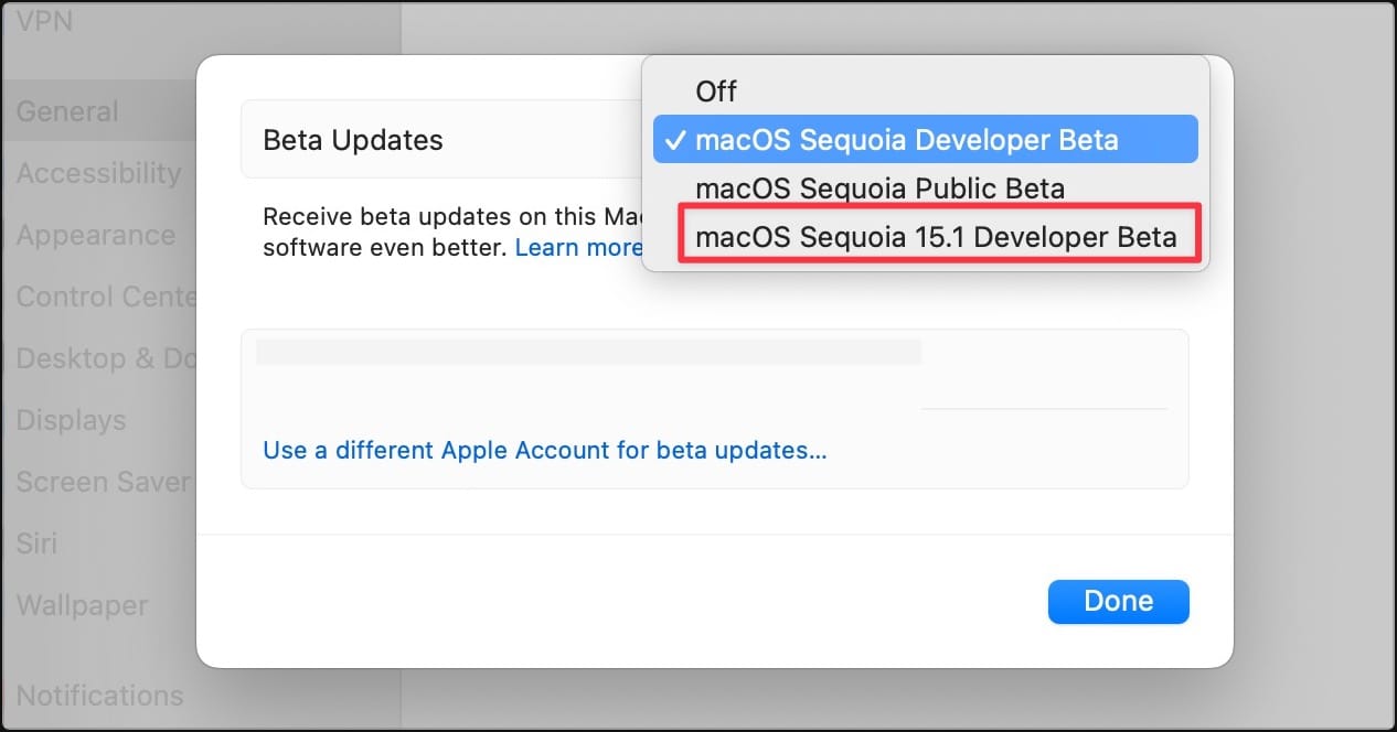 choose the macOS Sequoia 15.1 Developer Beta