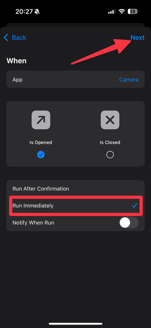  Run Immediately option and tap on Next