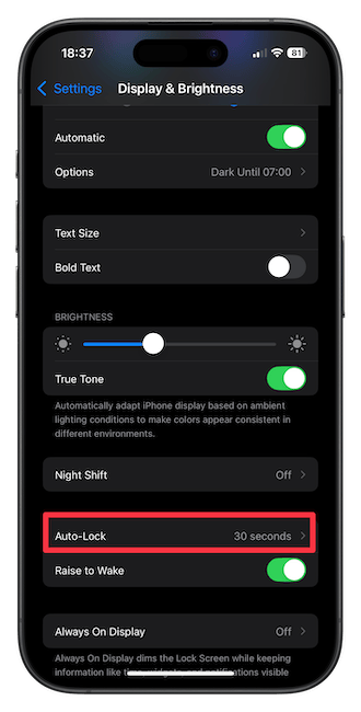 Display & Brightness settings page screenshot