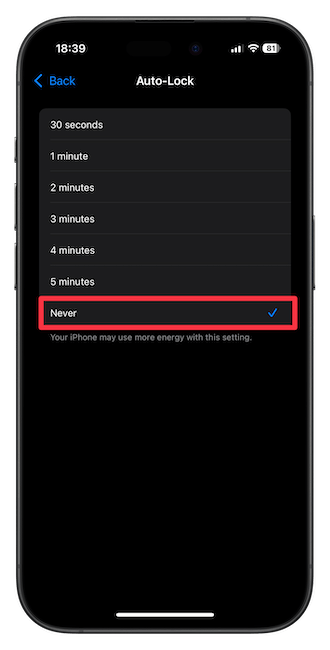 Auto-lock settings page screenshot 2