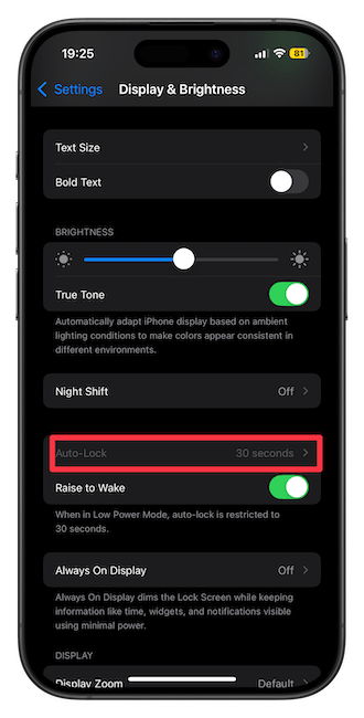  Screenshot showing greyed out auto-lock setting option