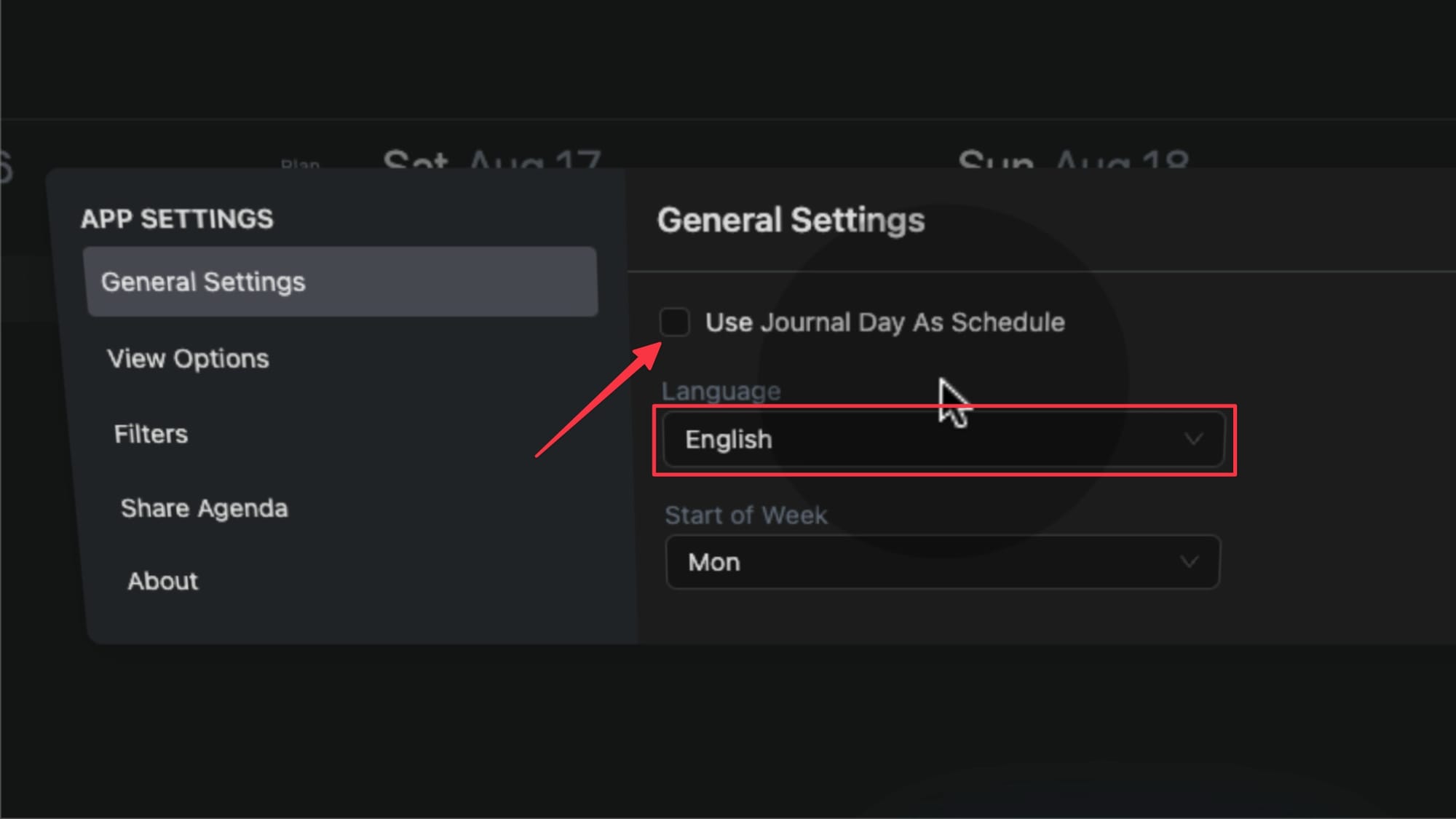 General settings page of Agenda