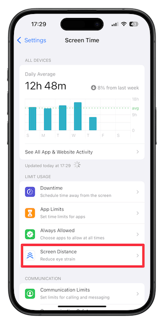 Screen Time showing Screen Distance option