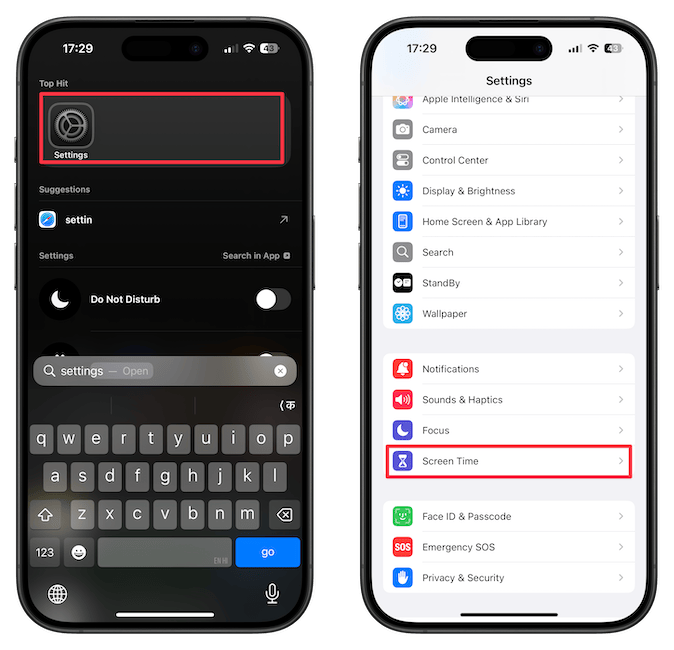 Settings app showing Screen Time option