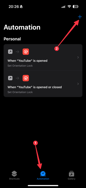 Shortcuts automation tab screenshot