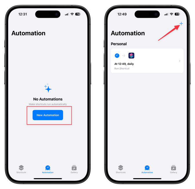 Shortcuts automation tab screenshot