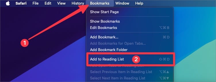 Use Bookmarks menu to add article to Safari reading list