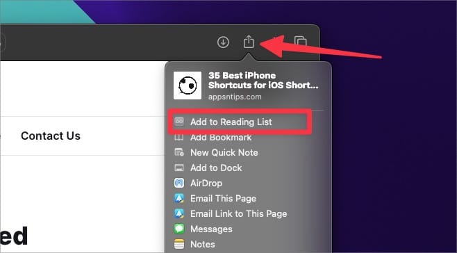 Use Share menu to add article to Safari reading list