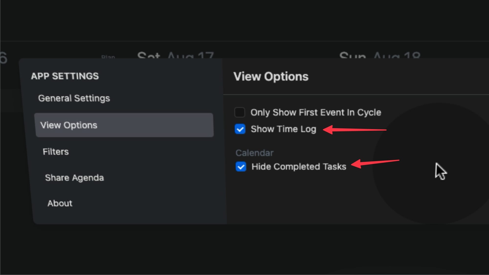 View Options settings